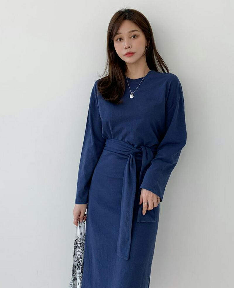 ウエストタイワンピース・全4色・b61105 レディース【ops】【ワンピース ミディ丈 ミディアム ミディワンピース 長袖 単