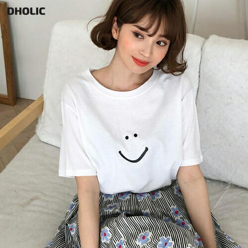 スマイルコットンTシャツ・全2色・b52834 レディース【tops】【トップス Tシャツ 半袖 ラウンドネック プリント 綿 