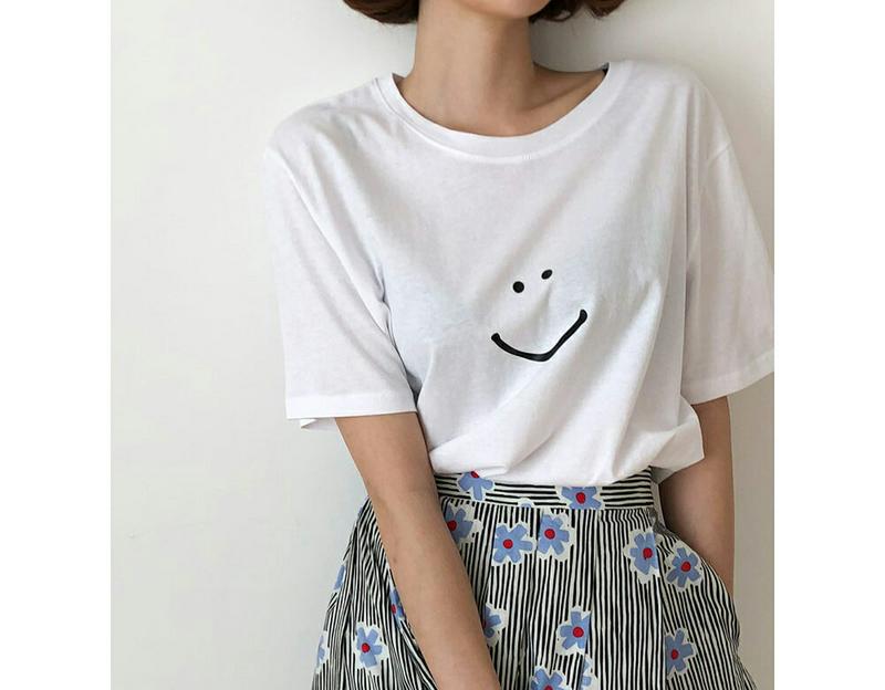 スマイルコットンTシャツ・全2色・b52834 レディース【tops】【トップス Tシャツ 半袖 ラウンドネック プリント 綿 