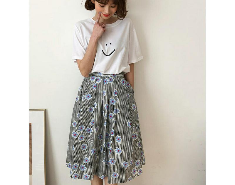 スマイルコットンTシャツ・全2色・b52834 レディース【tops】【トップス Tシャツ 半袖 ラウンドネック プリント 綿 