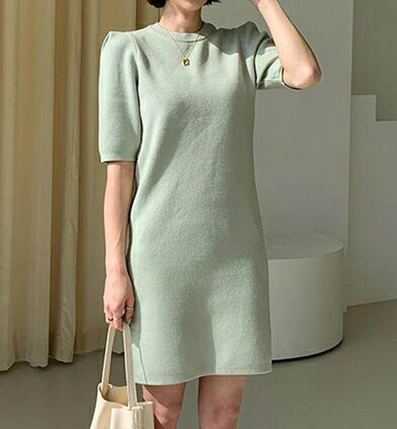 パフ半袖ニットミニワンピース・全3色・t54936 レディース 【ops】【ワンピース ミニ丈 ミニ ショート ラウンドネック 