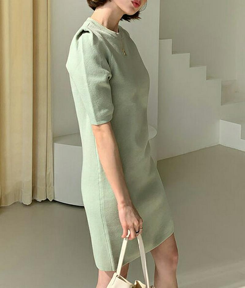 パフ半袖ニットミニワンピース・全3色・t54936 レディース 【ops】【ワンピース ミニ丈 ミニ ショート ラウンドネック 