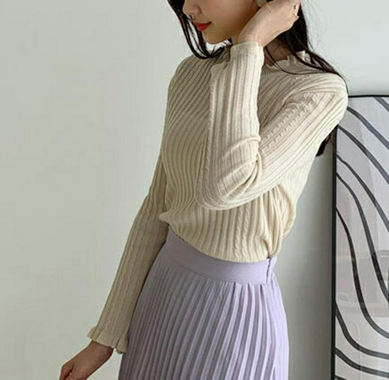 フリルヘムリブニット・全3色・b54931 レディース 【tops】【トップス Tシャツ 長袖 ニット リブニット ウェーブ フ