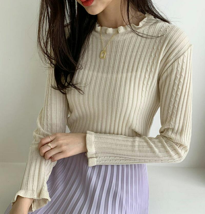 フリルヘムリブニット・全3色・b54931 レディース 【tops】【トップス Tシャツ 長袖 ニット リブニット ウェーブ フ