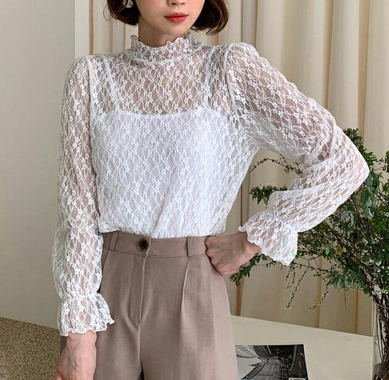 シアーレースTシャツ・全4色・t54926 レディース 【tops】【トップス レース ハイネック ハーフネック 花柄 フリル 