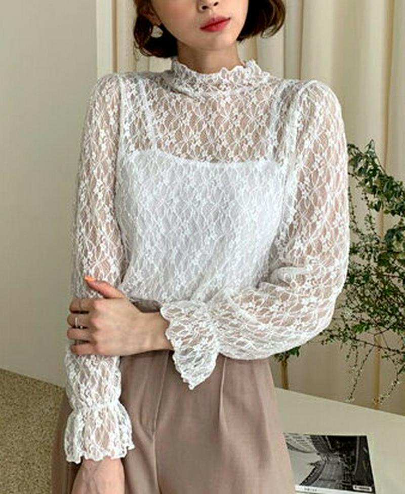 シアーレースTシャツ・全4色・t54926 レディース 【tops】【トップス レース ハイネック ハーフネック 花柄 フリル 