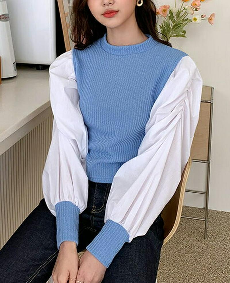 コントラストパフTシャツ・全2色・t54932 レディース 【tops】【トップス Tシャツ 無地 パフスリーブ 長袖 シャーリ