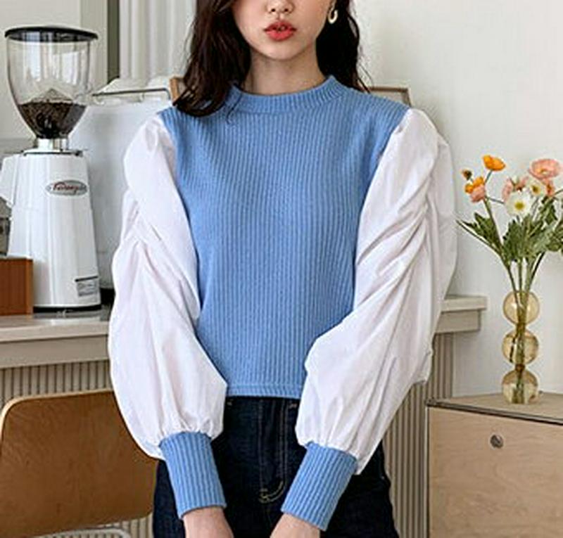 コントラストパフTシャツ・全2色・t54932 レディース 【tops】【トップス Tシャツ 無地 パフスリーブ 長袖 シャーリ