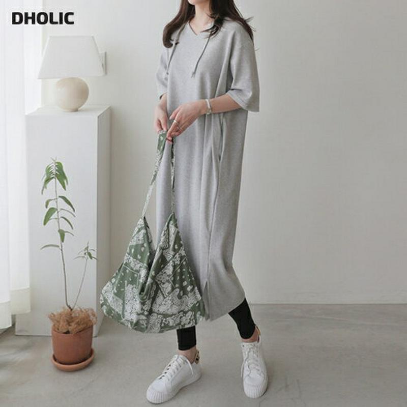 Vネックフードワンピース・全3色・b61183 レディース【ops】【ワンピース ロング ロングワンピース 半袖 ハーフスリーブ