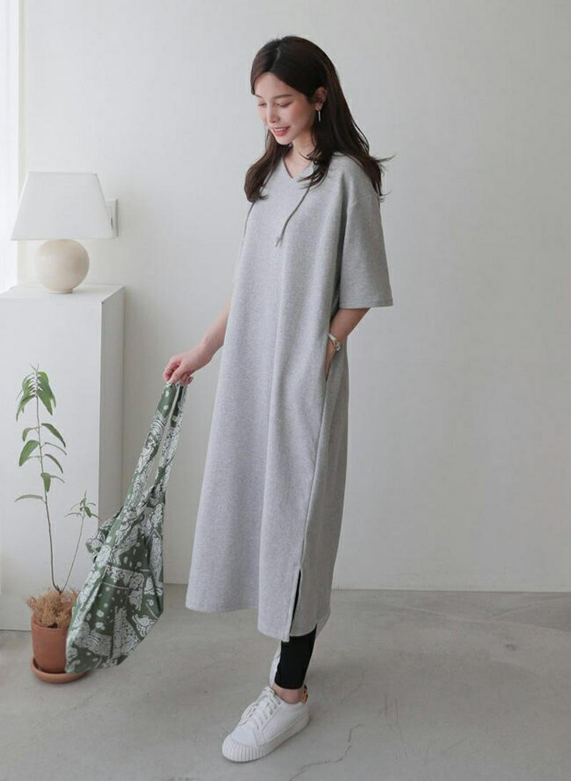 Vネックフードワンピース・全3色・b61183 レディース【ops】【ワンピース ロング ロングワンピース 半袖 ハーフスリーブ