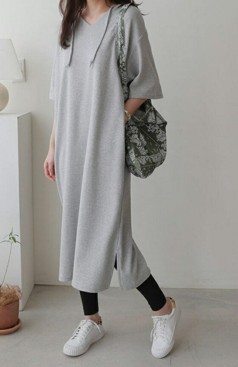 Vネックフードワンピース・全3色・b61183 レディース【ops】【ワンピース ロング ロングワンピース 半袖 ハーフスリーブ