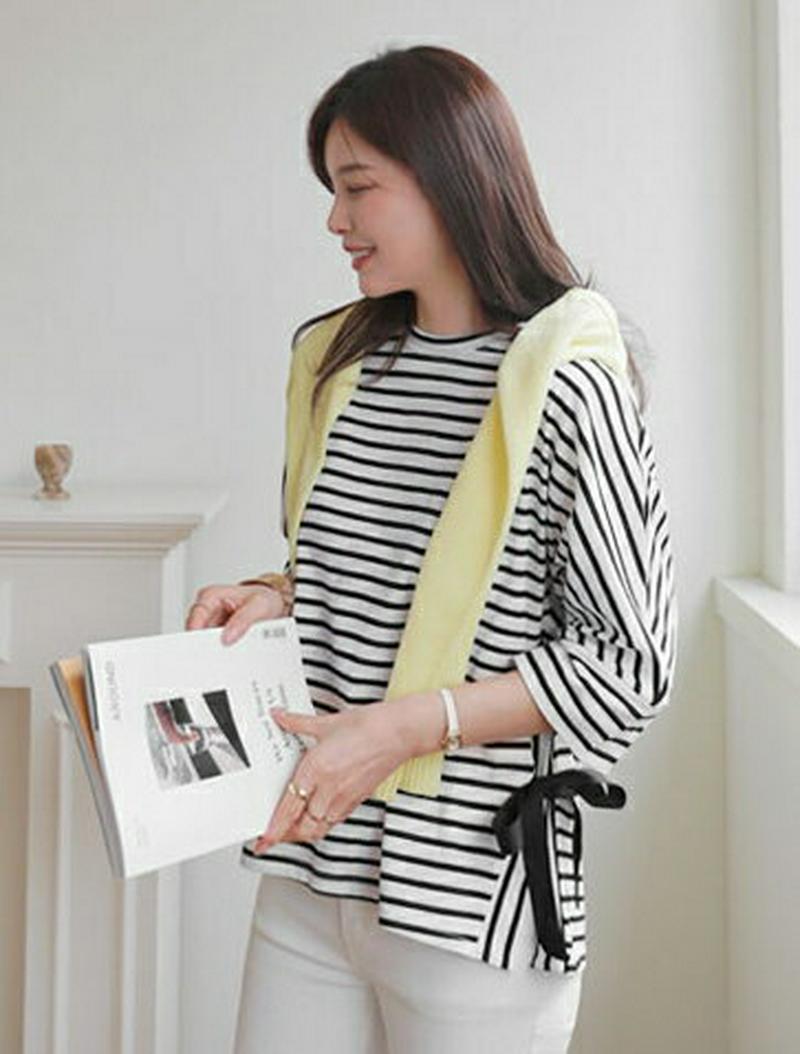 ボーダーサイドリボンTシャツ・全2色・b61178 レディース【tops】【トップス Tシャツ　ボーダー 柄 七分袖 七分丈 7