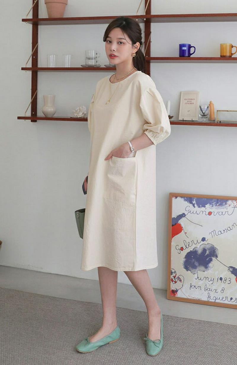 ポケットパフワンピース・全3色・b61182 レディース【ops】【ワンピース ミディ丈 ミディワンピース 半袖 ハーフスリーブ