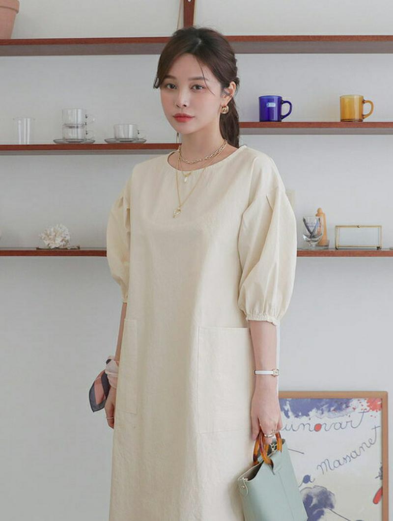 ポケットパフワンピース・全3色・b61182 レディース【ops】【ワンピース ミディ丈 ミディワンピース 半袖 ハーフスリーブ