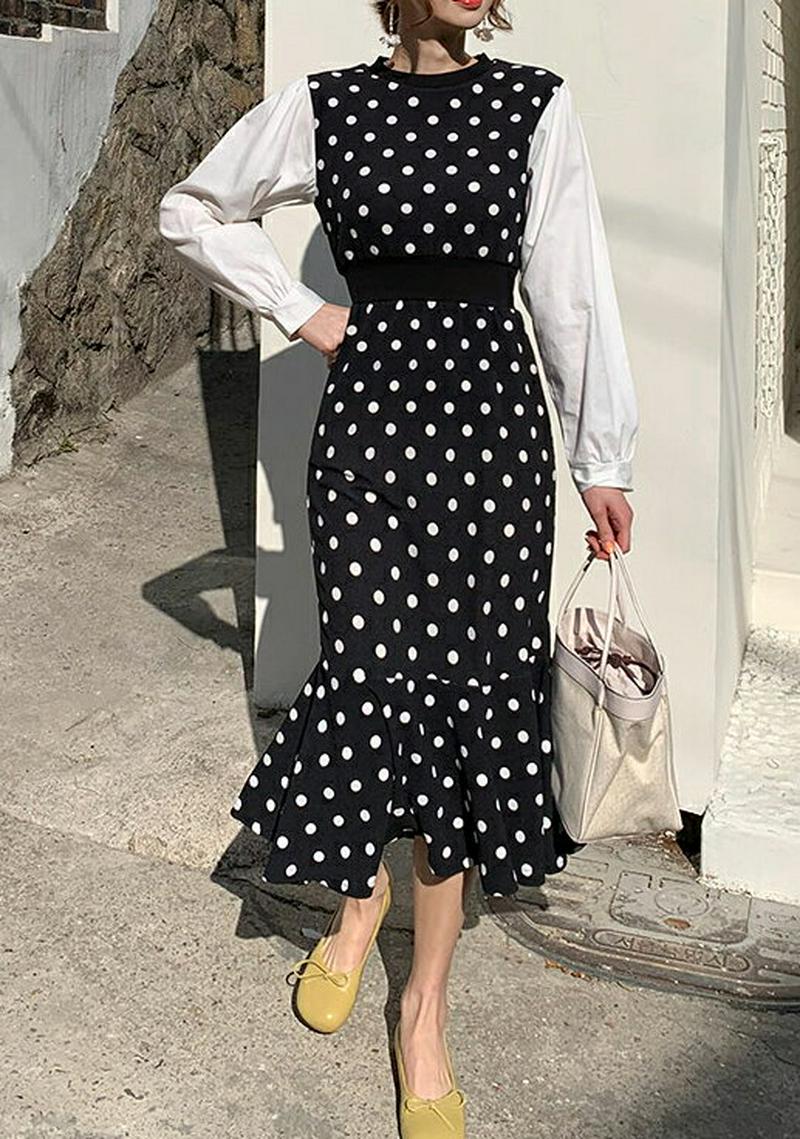 ドットコントラストワンピース・全2色・t58158 レディース 【ops】【ワンピース ロング ロング丈 ドット 水玉 コントラ
