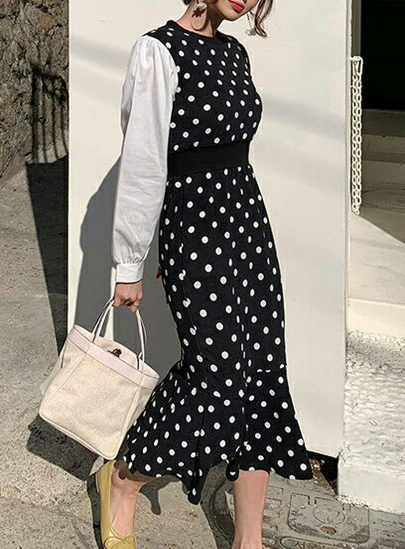 ドットコントラストワンピース・全2色・t58158 レディース 【ops】【ワンピース ロング ロング丈 ドット 水玉 コントラ