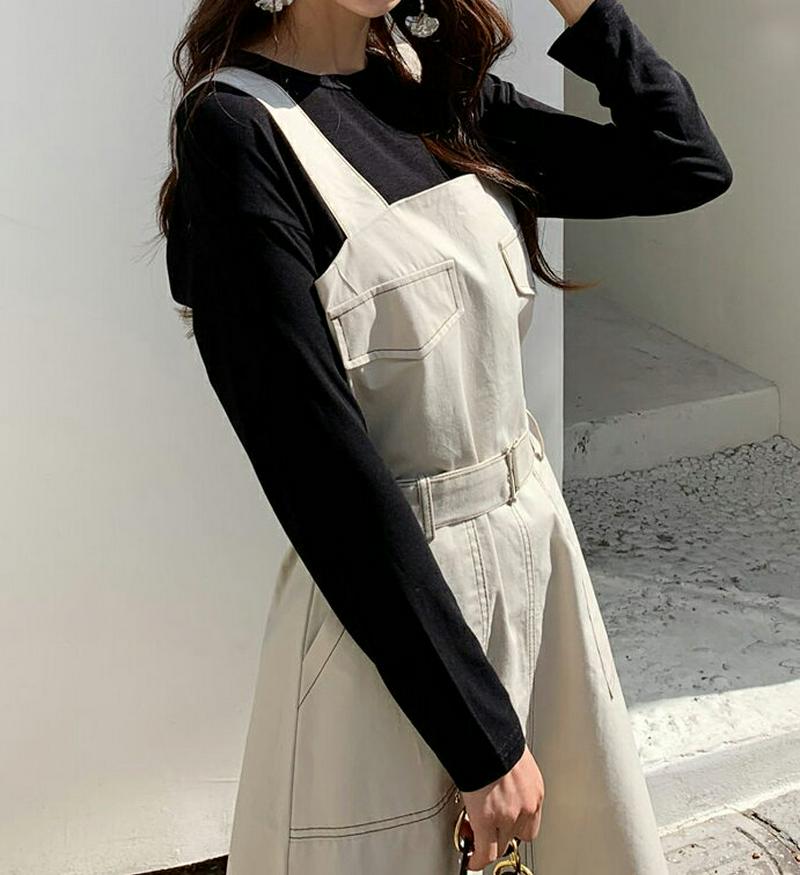 ベルト付ステッチワンピース・全2色・t58164 レディース 【ops】【ワンピース ロング ロング丈 サロペット スクエアネッ