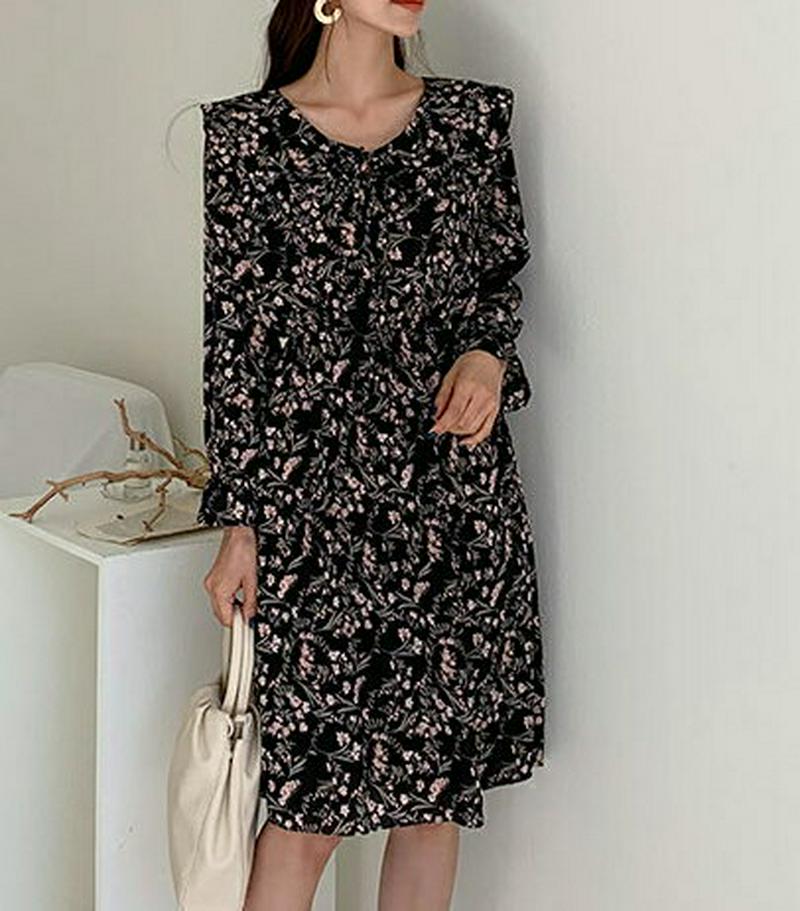 フリルカラーフローラルワンピース・全3色・t58090 レディース 【ops】【ワンピース ミディ丈 ミディ ラウンドネック フ