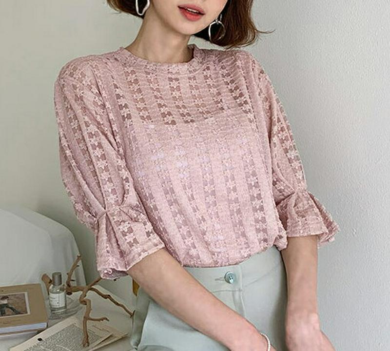 シアーパフTシャツ・全4色・b58079 レディース 【tops】【トップス Tシャツ ラウンドネック タック フリル 半袖 5