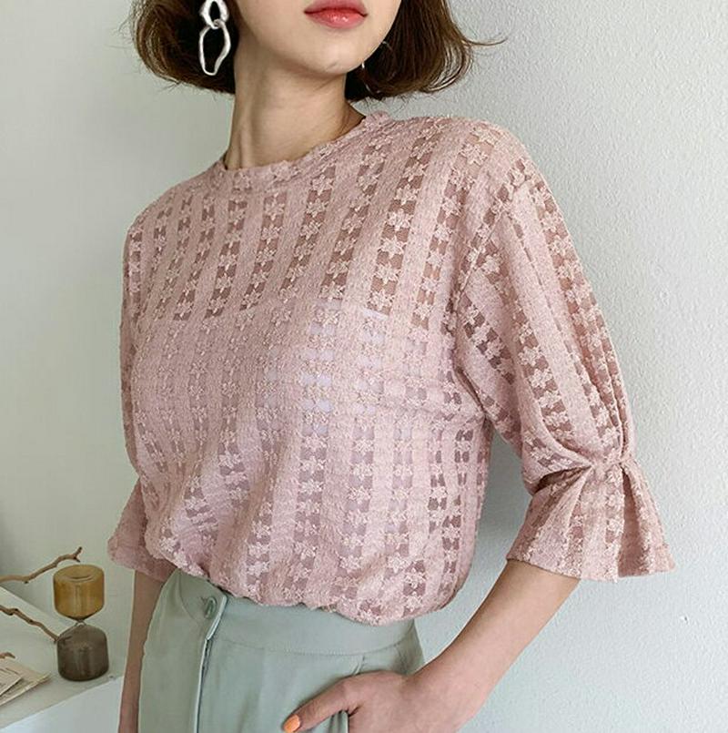 シアーパフTシャツ・全4色・b58079 レディース 【tops】【トップス Tシャツ ラウンドネック タック フリル 半袖 5
