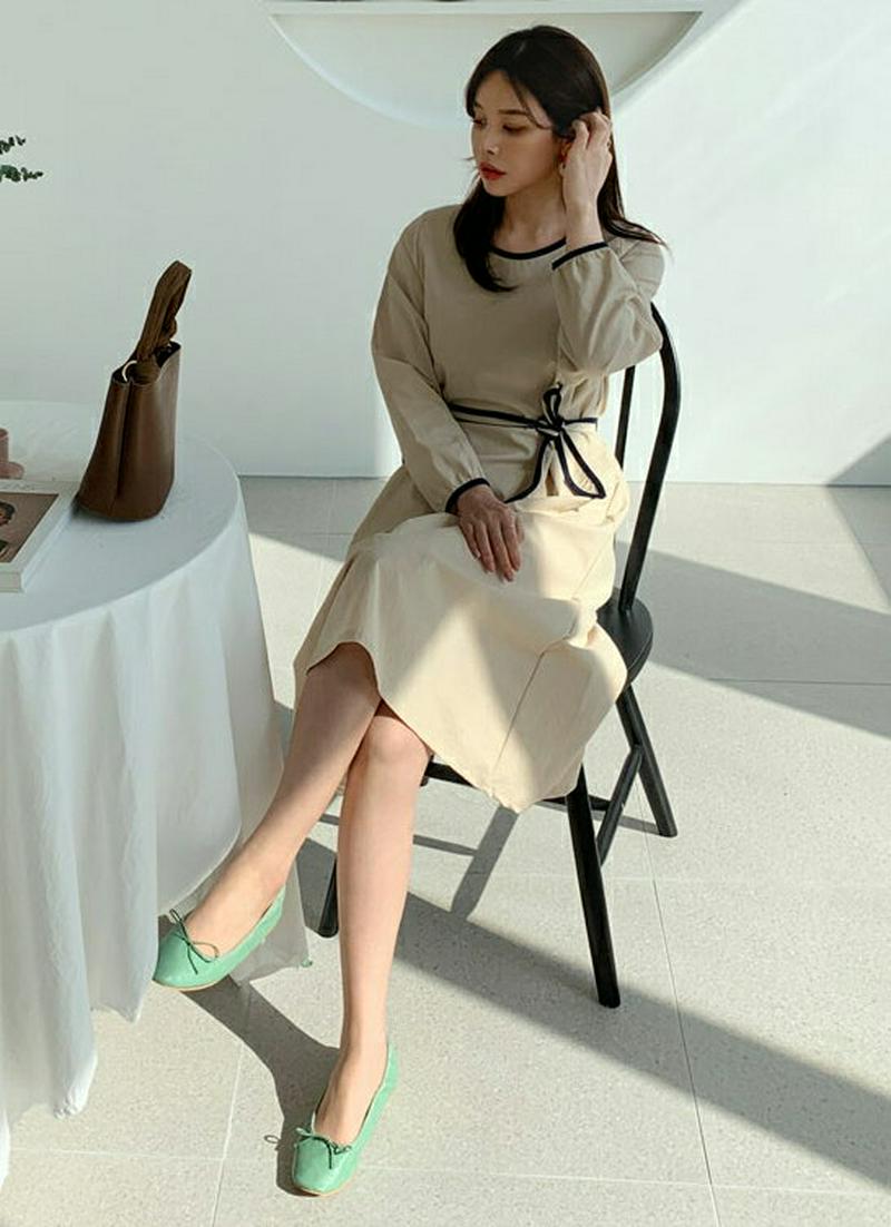 ストラップ付ライン配色ワンピース・全3色・t61226 レディース【ops】【ワンピース ロング ロングワンピース 長袖 配色 