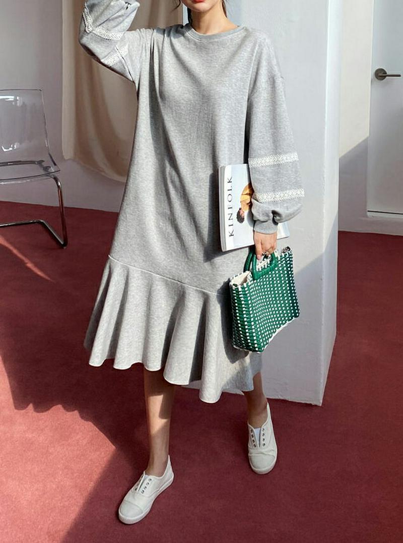 レースラインワンピース・全2色・b61229 レディース【ops】【ワンピース ミディ丈 ミディワンピース 長袖 袖コンシャス 