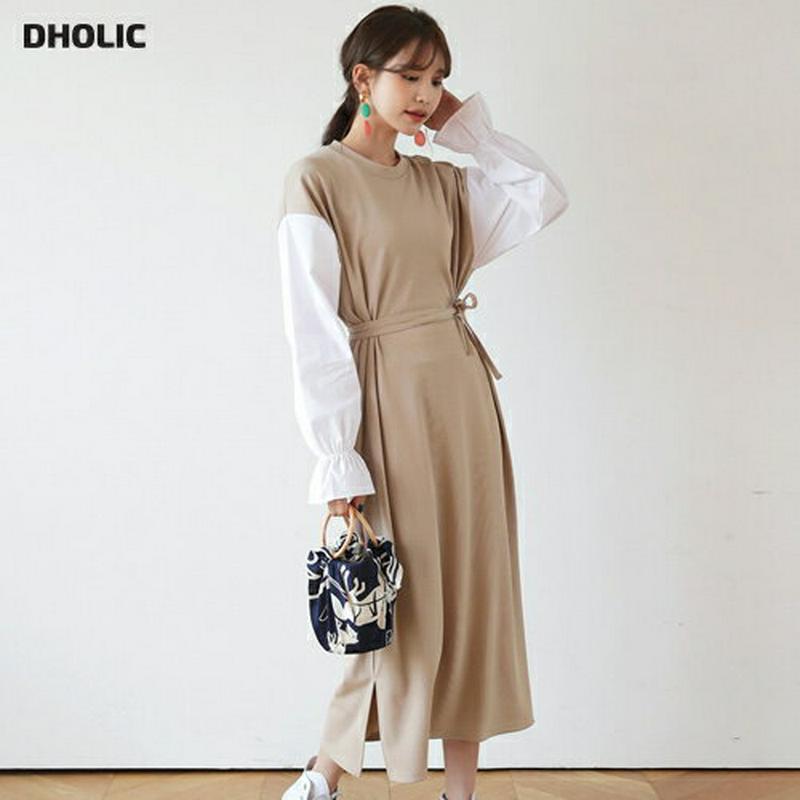 ストラップ付配色ワンピース・全3色・b55489 レディース 【ops】【ワンピース ロング ロング丈 切り替え 配色 リボン 