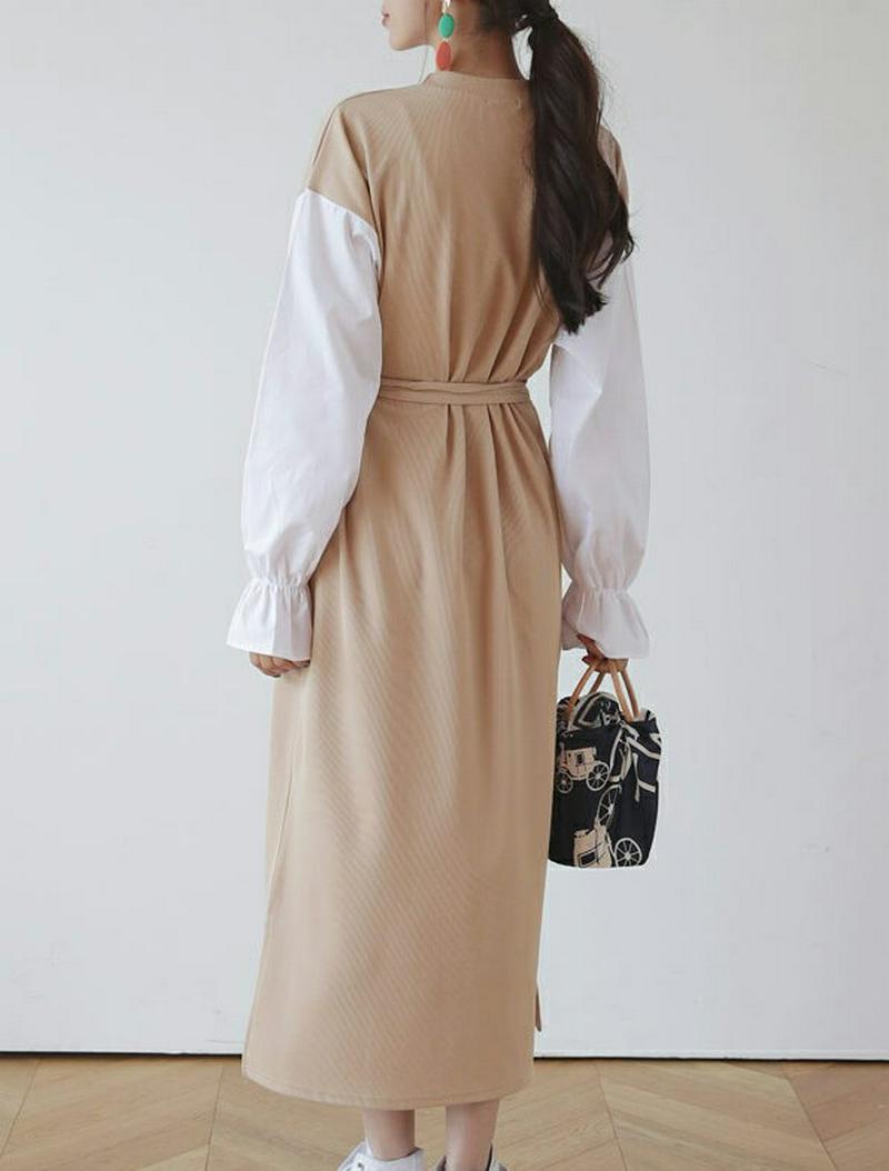 ストラップ付配色ワンピース・全3色・b55489 レディース 【ops】【ワンピース ロング ロング丈 切り替え 配色 リボン 