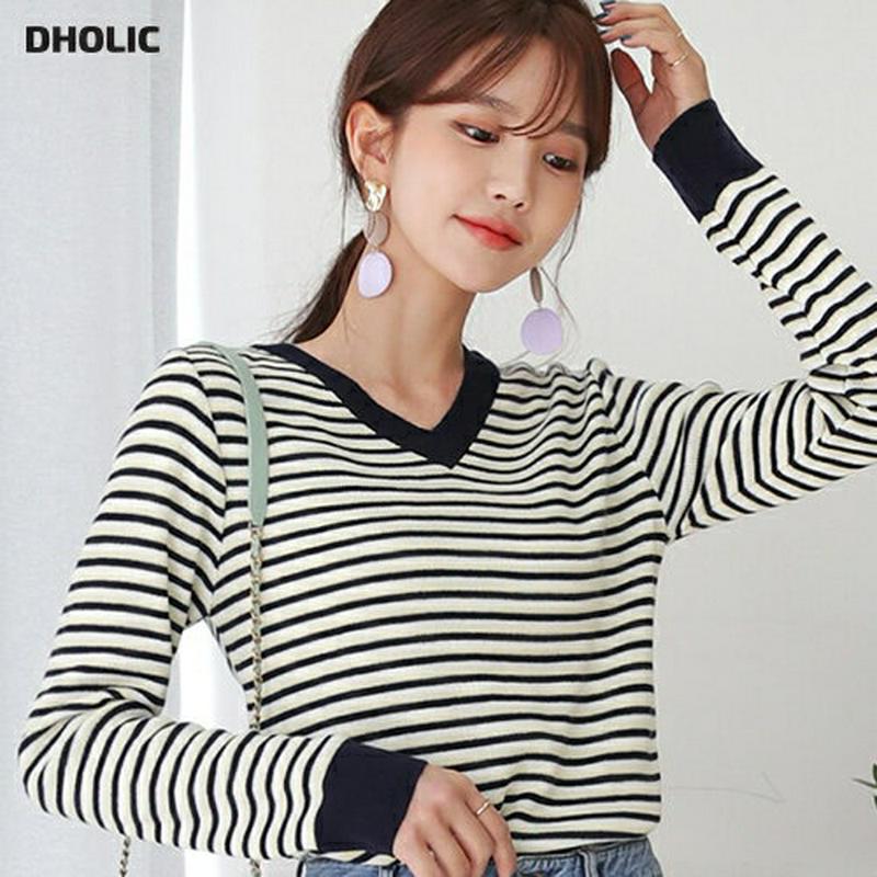 Vネックボーダー配色ニット・全4色・b55455 レディース 【tops】【トップス ニット 長袖 Vネック スリム ボーダー 