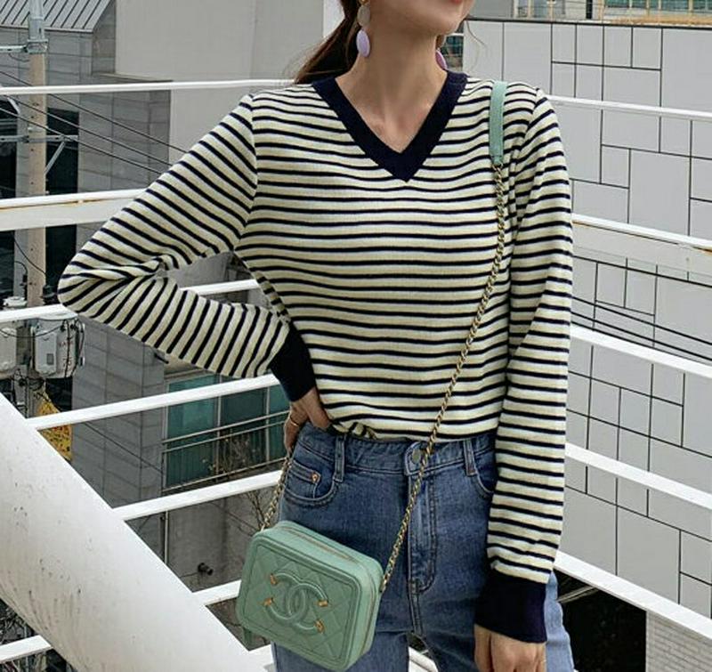 Vネックボーダー配色ニット・全4色・b55455 レディース 【tops】【トップス ニット 長袖 Vネック スリム ボーダー 