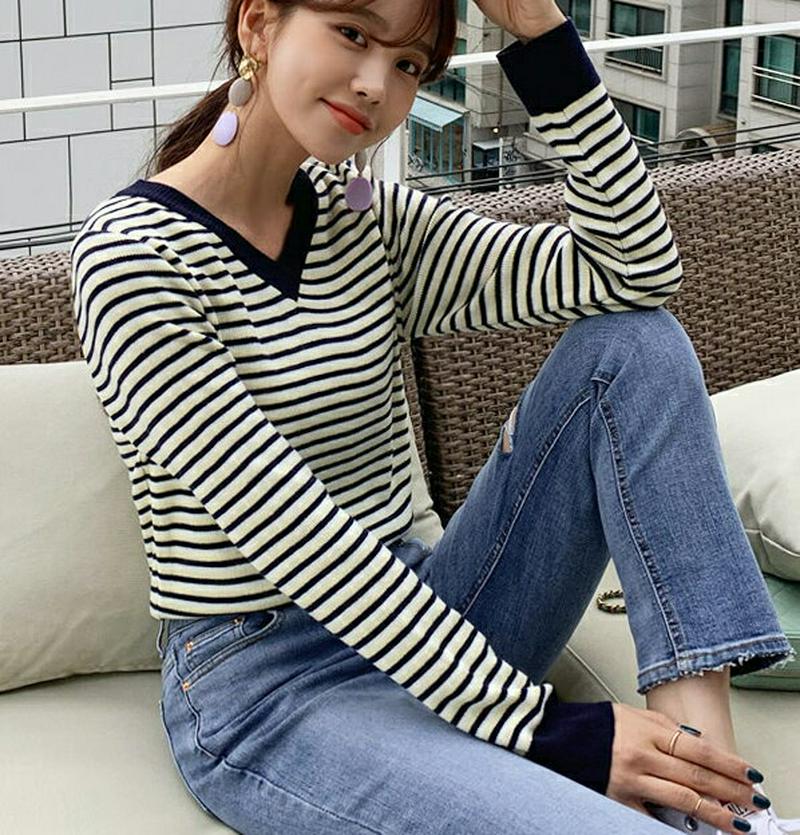Vネックボーダー配色ニット・全4色・b55455 レディース 【tops】【トップス ニット 長袖 Vネック スリム ボーダー 