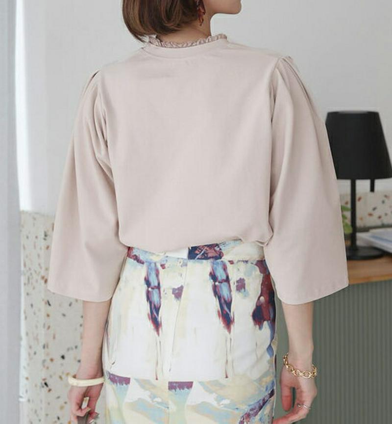 レースネックTシャツ・全3色・b55469 レディース 【tops】【トップス 半袖 5分丈 フリル フリルネック パフスリーブ