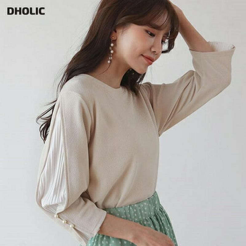 パールプリーツスリーブTシャツ・全4色・b55464 レディース 【tops】【トップス Tシャツ 7分丈 パフスリーブ プリー