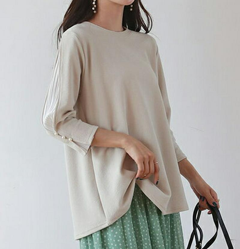 パールプリーツスリーブTシャツ・全4色・b55464 レディース 【tops】【トップス Tシャツ 7分丈 パフスリーブ プリー