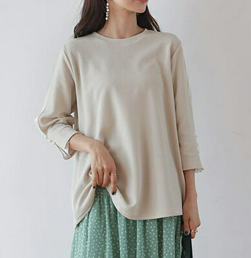 パールプリーツスリーブTシャツ・全4色・b55464 レディース 【tops】【トップス Tシャツ 7分丈 パフスリーブ プリー