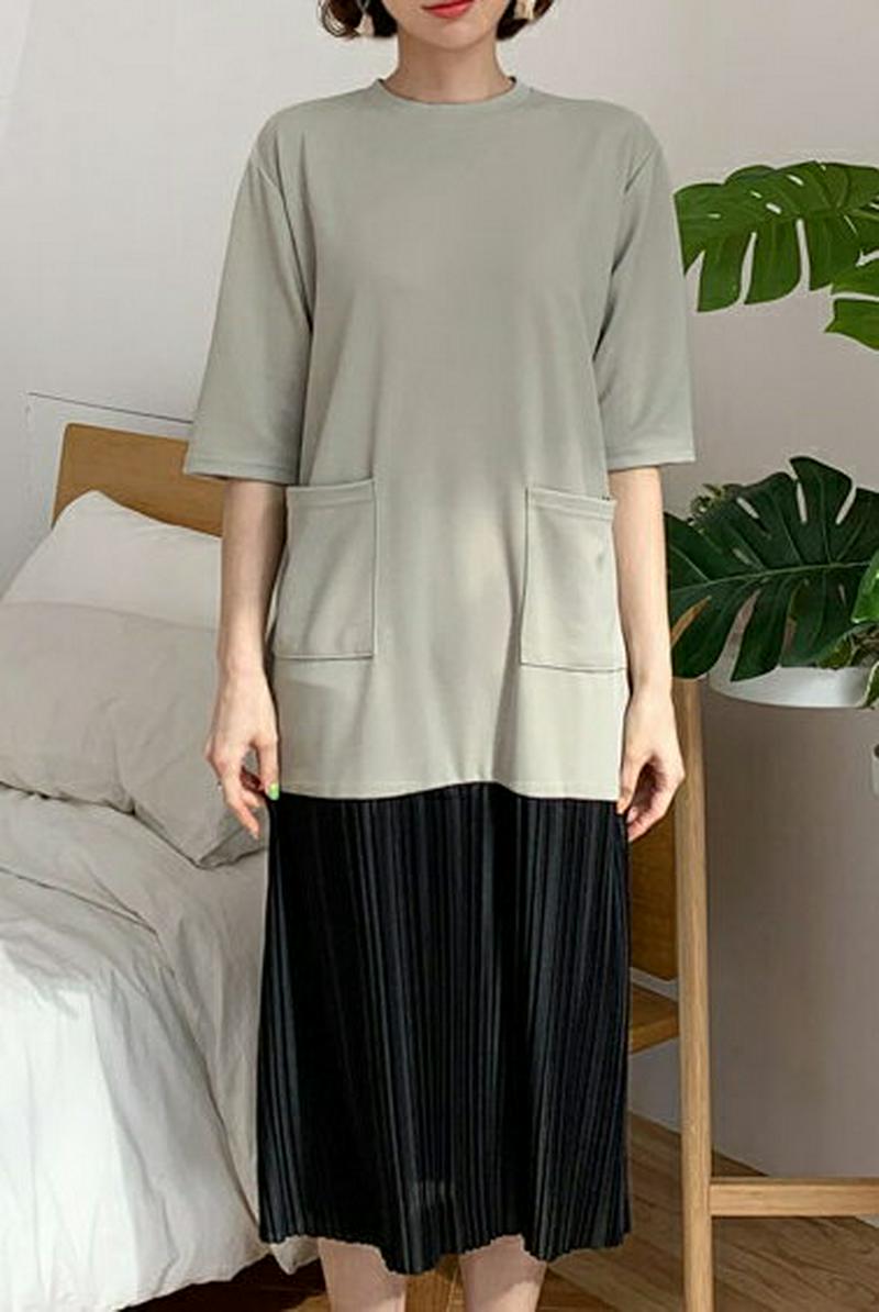 プリーツ配色ポケットワンピース・全4色・b55488 レディース 【ops】【ワンピース ミディ丈 ミディ ロング ロング丈 プ