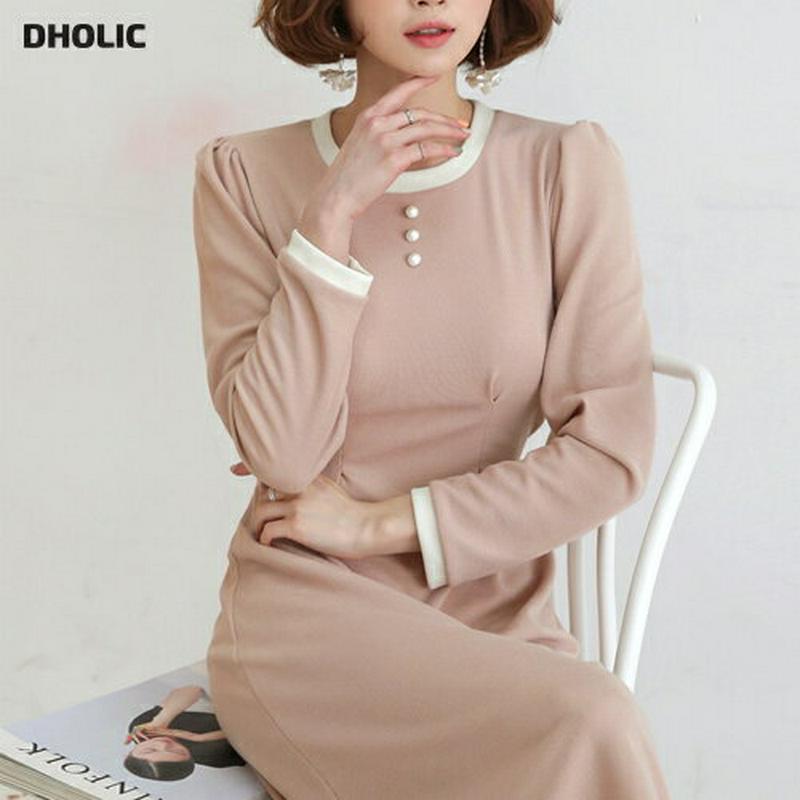 パール配色ワンピース・全4色・t55491 レディース 【ops】【ワンピース ミディ丈 ミディ 配色 スリム 長袖 パールボタ