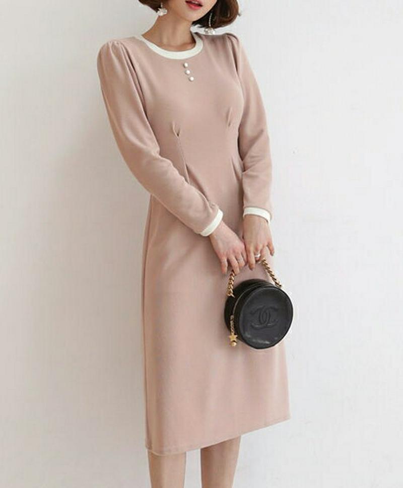 パール配色ワンピース・全4色・t55491 レディース 【ops】【ワンピース ミディ丈 ミディ 配色 スリム 長袖 パールボタ