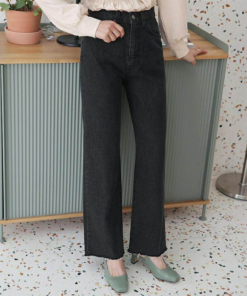 カットオフブラックデニムパンツ・全1色・t55467 レディース 【pt】【パンツ デニム ワイド ストレート 無地 カットオフ