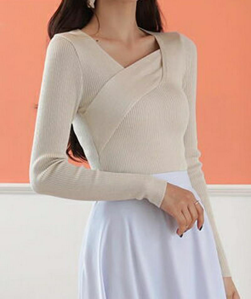 ディテールVネックニット・全3色・b55459 レディース 【tops】【トップス Vネック 長袖 ニット リブニット スクエア