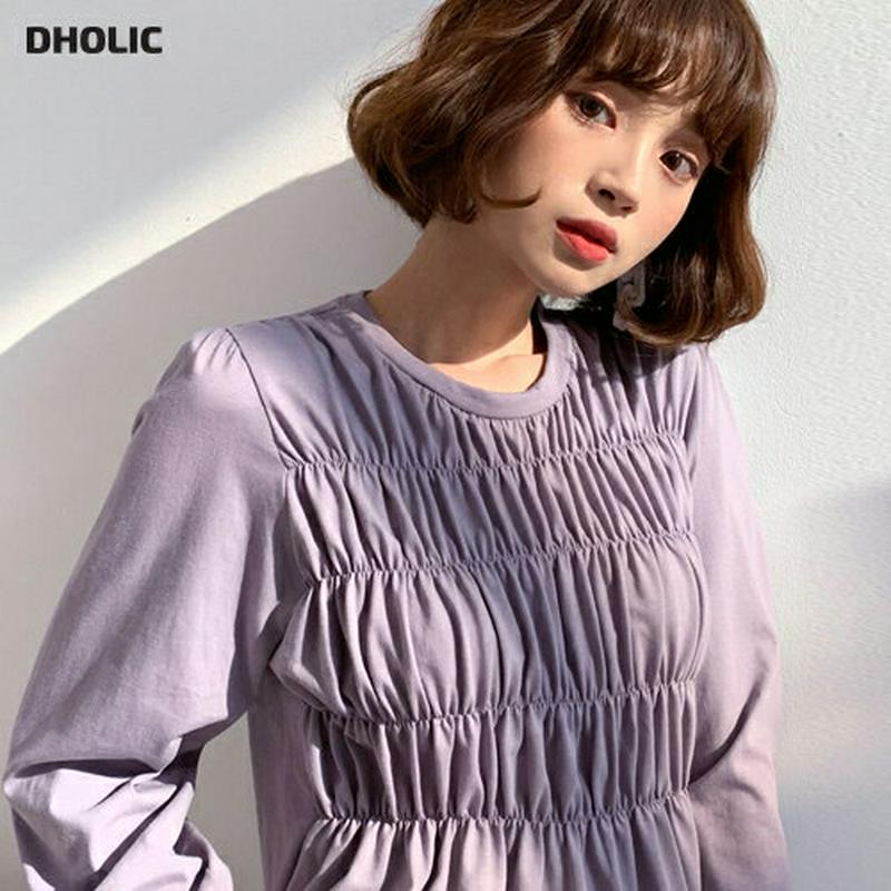 シャーリングTシャツ・全4色・b55466 レディース 【tops】【トップス 長袖 Tシャツ シャーリング ギャザー 長袖 ラ