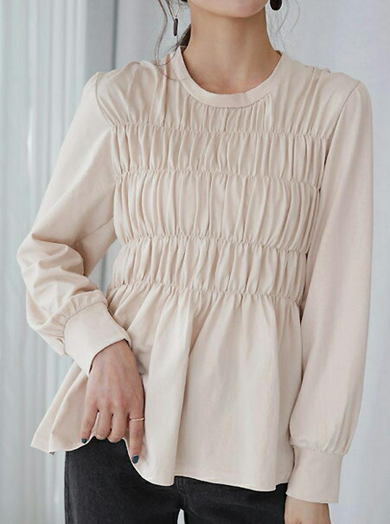 シャーリングTシャツ・全4色・b55466 レディース 【tops】【トップス 長袖 Tシャツ シャーリング ギャザー 長袖 ラ
