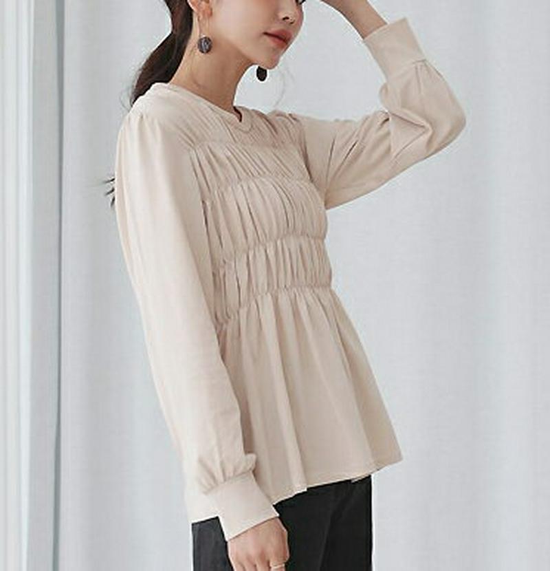シャーリングTシャツ・全4色・b55466 レディース 【tops】【トップス 長袖 Tシャツ シャーリング ギャザー 長袖 ラ