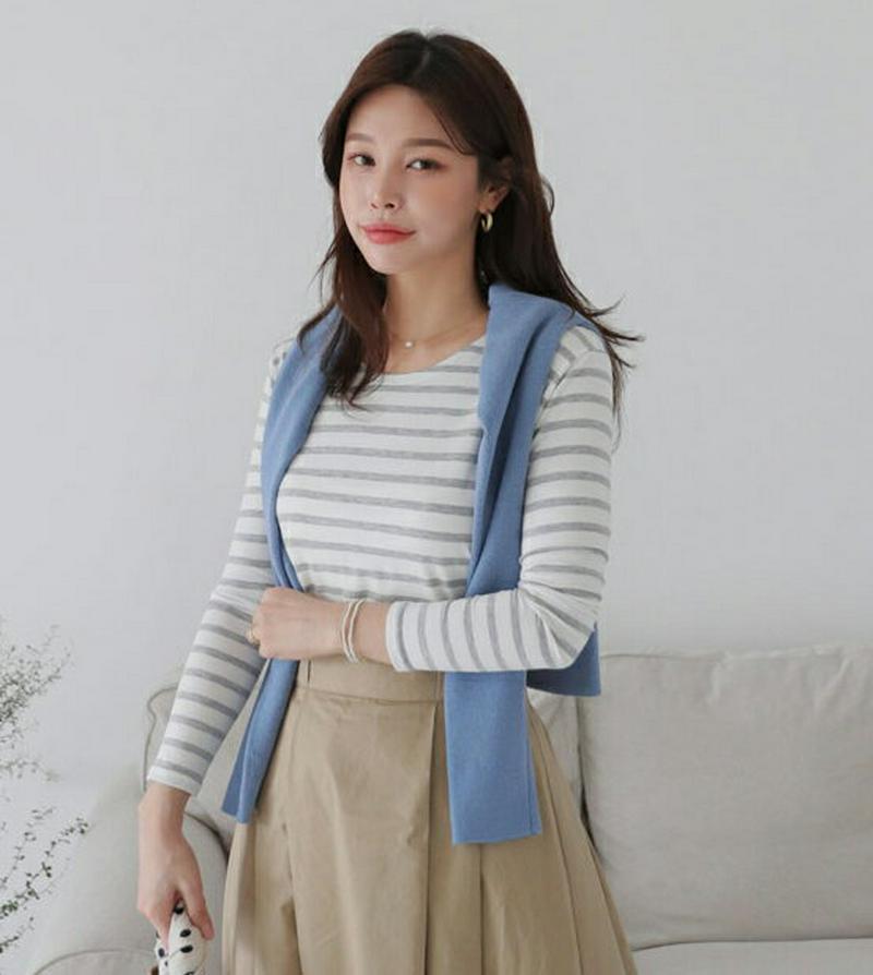 ラウンドボーダーTシャツ・全4色・t61152 レディース【tops】【トップス Tシャツ 長袖　ボーダー 柄 ロンT ラウンド