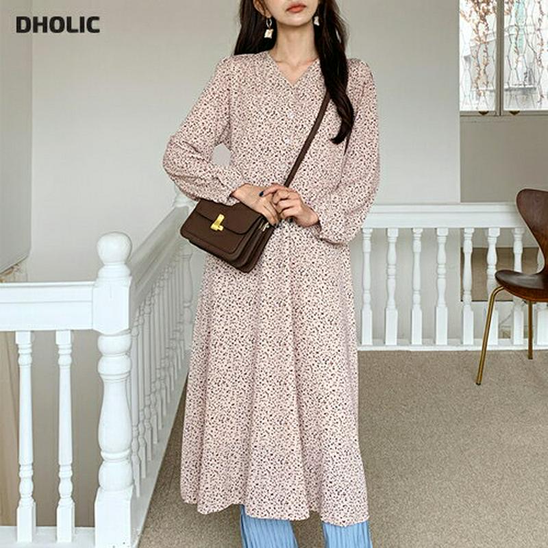 Vネックドットワンピース・全2色・e58024 レディース 【ops】【ワンピース ロング丈 ロング Vネック 長袖 パフスリー