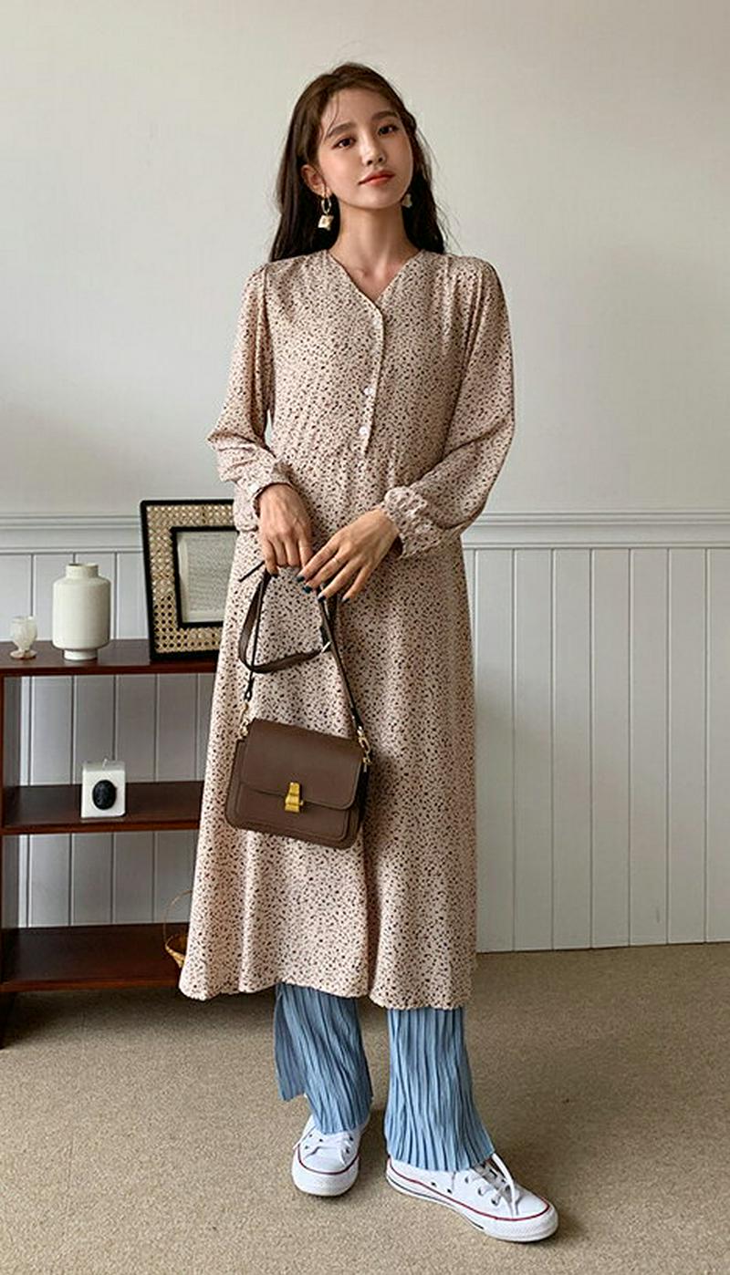 Vネックドットワンピース・全2色・e58024 レディース 【ops】【ワンピース ロング丈 ロング Vネック 長袖 パフスリー