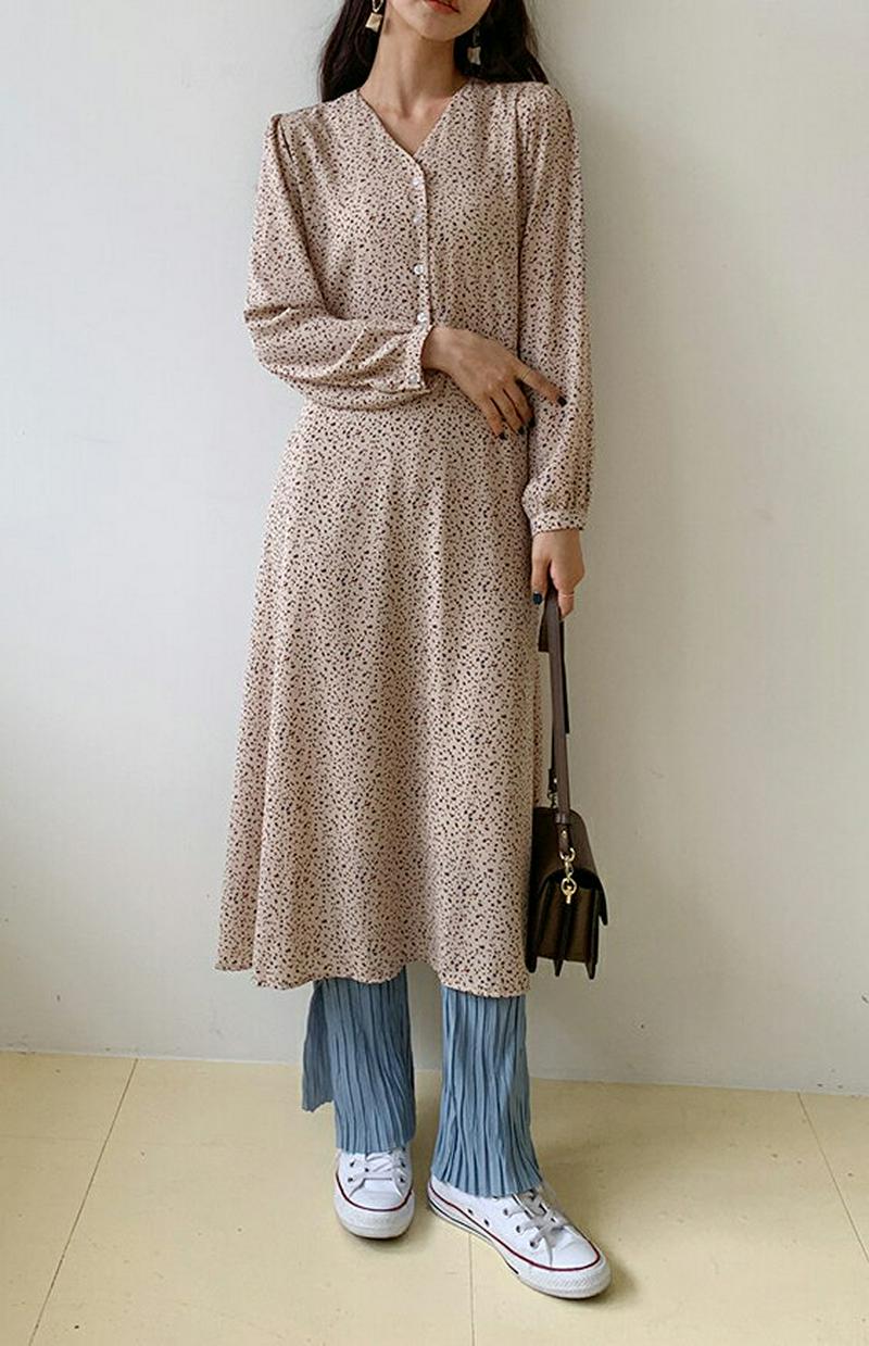 Vネックドットワンピース・全2色・e58024 レディース 【ops】【ワンピース ロング丈 ロング Vネック 長袖 パフスリー