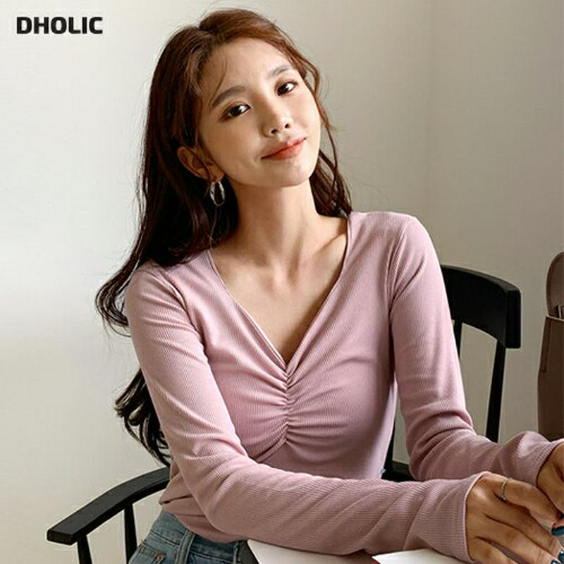ギャザーVネックリブTシャツ・全4色・t58014 レディース 【tops】【トップス Tシャツ 長袖 Vネック ギャザー リブ