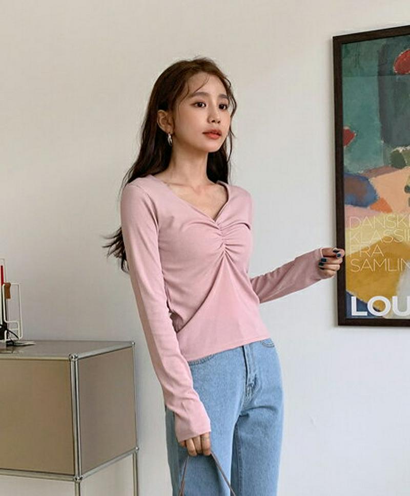 ギャザーVネックリブTシャツ・全4色・t58014 レディース 【tops】【トップス Tシャツ 長袖 Vネック ギャザー リブ