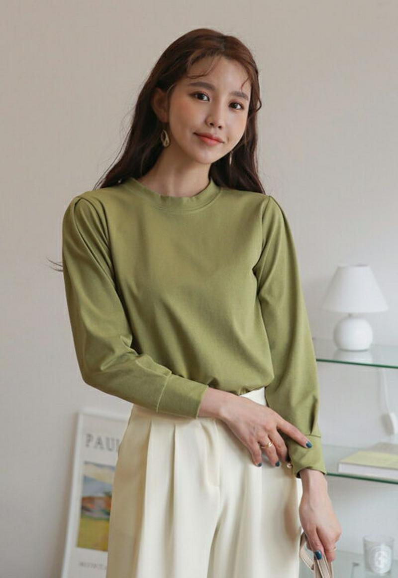 パールボタンパフTシャツ・全2色・b58015 レディース 【tops】【トップス Tシャツ 長袖 パールボタン カフス 無地 